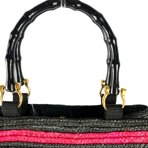 MAGID Multi Colored Striped Wheat Straw Double Wooden Handle Satchel - Picture 5 of 14